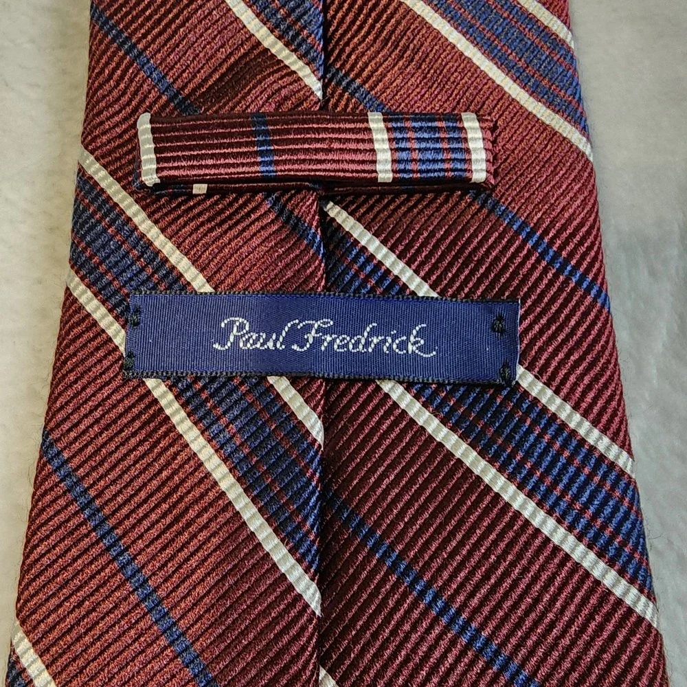 Paul Fredrick Rep Tie Men Classic Burgundy Navy Stripe Italian Silk Made In USA